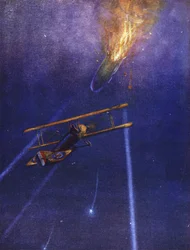 Il tenente William Leefe Robinson attacca un dirigibile nemico e lo abbatte in fiamme sopra Cuffley, Hertfordshire, settembre 1916